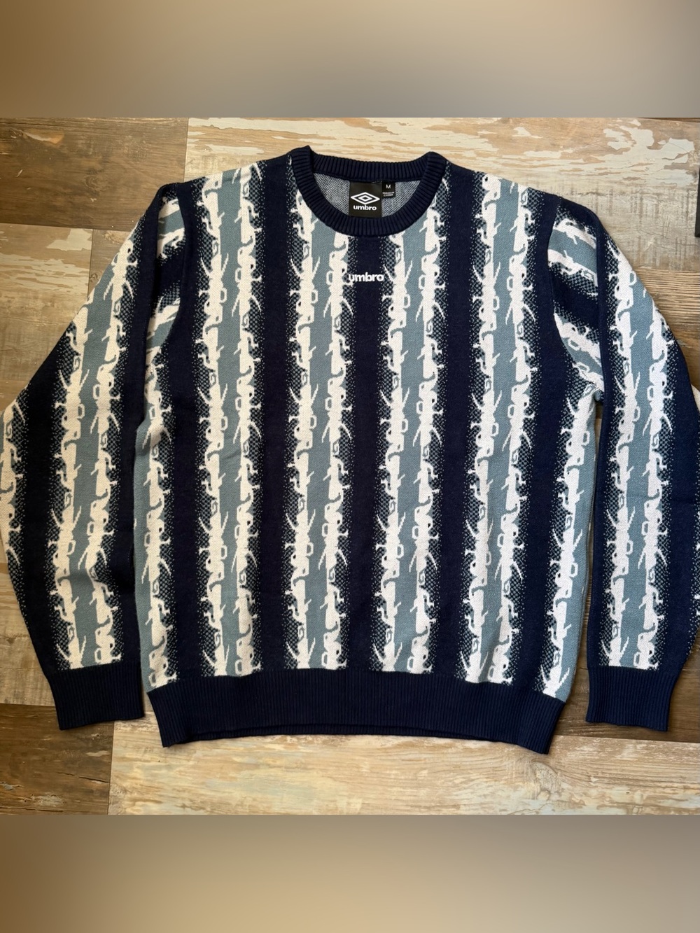 Umbro Navy, White & Light Gray Striped Crewneck Sweater